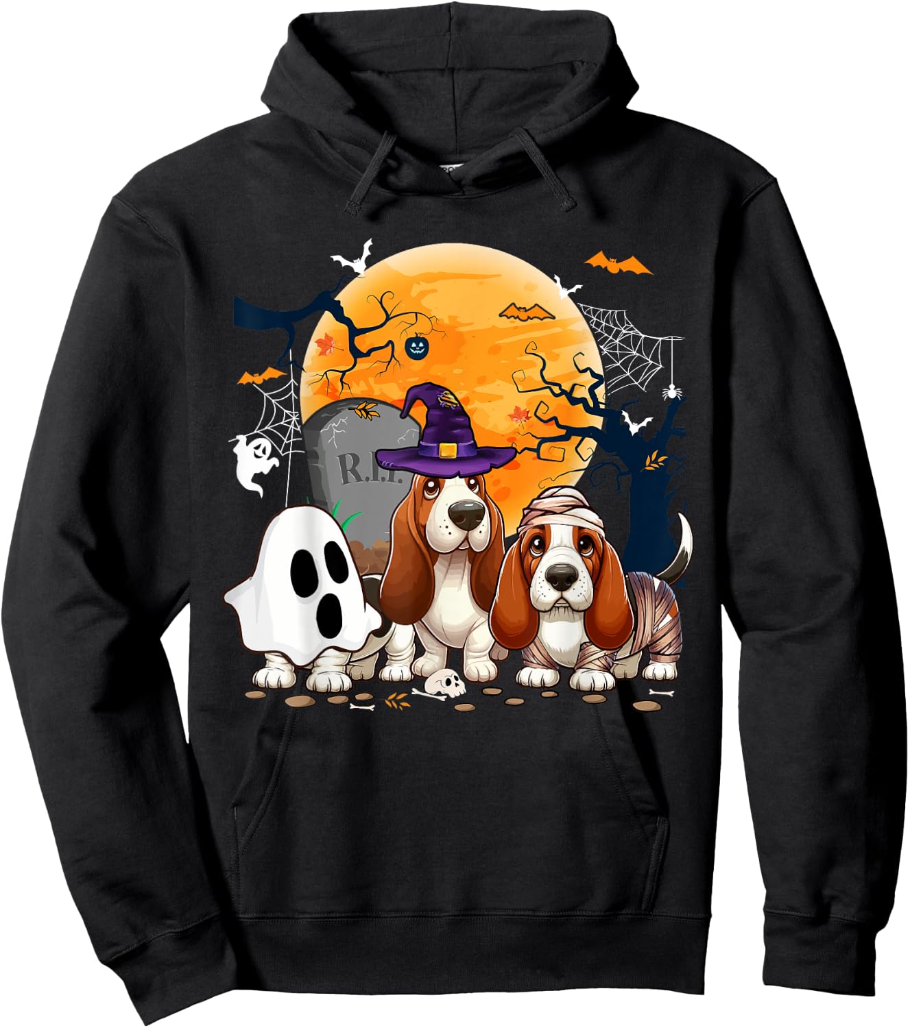 Three Halloween Basset Hounds Cosplay Witch Ghost Mummy Hoodie - Hoodie | Black