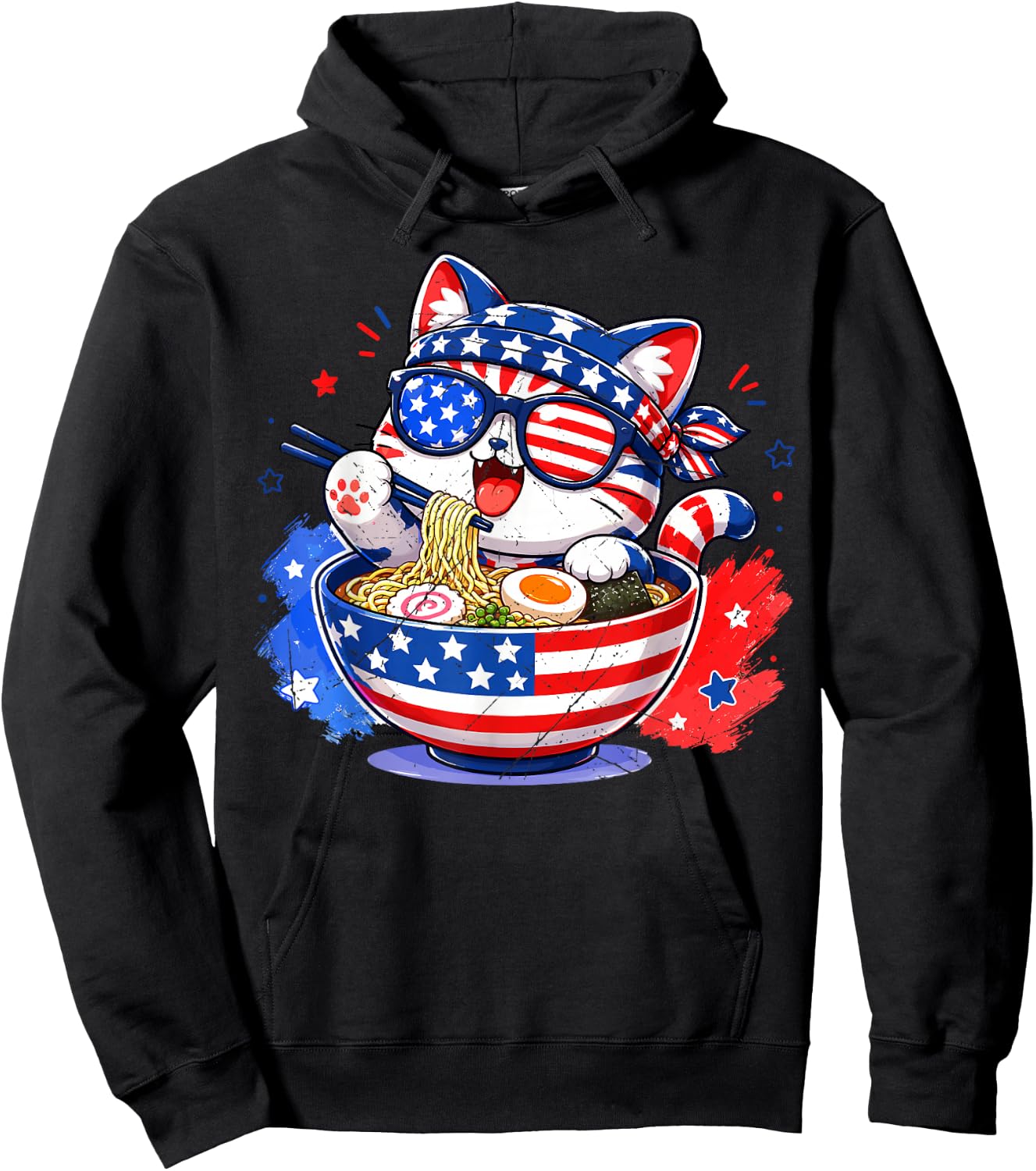 Cute Cat Ramen Anime American Flag USA Patriotic 4th of July Hoodie - Hoodie | Black