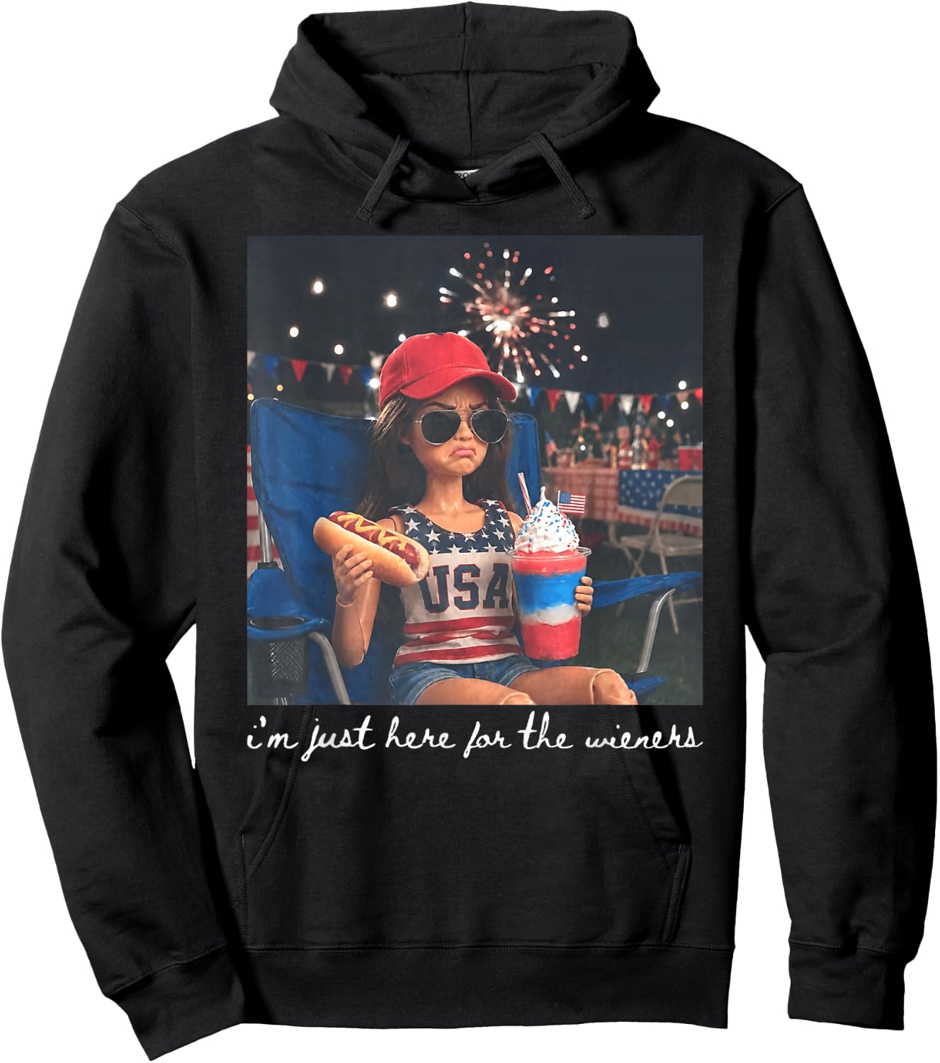 Just Here for The Wieners Funny 4th of July Girl Face Meme Hoodie - Hoodie | Black