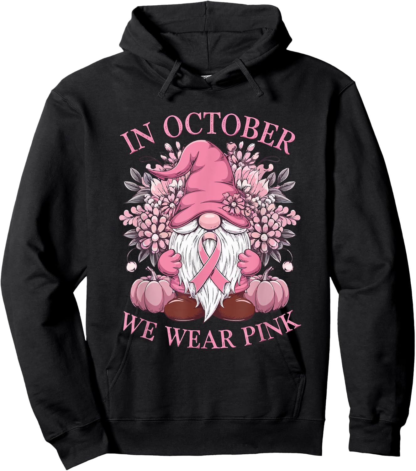 In October We Wear Pink Ribbon Gnome Fall Halloween Hoodie - Hoodie | Black