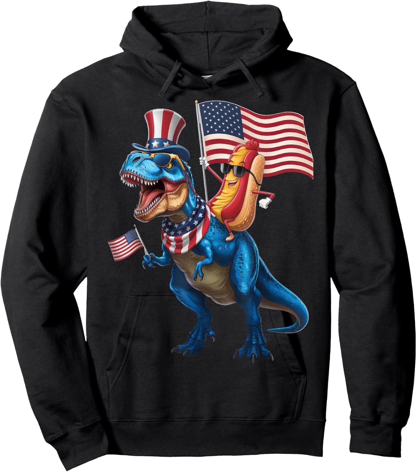 Hotdog Riding TRex Dinosaur 4th of July USA Flag Hoodie - Hoodie | Black