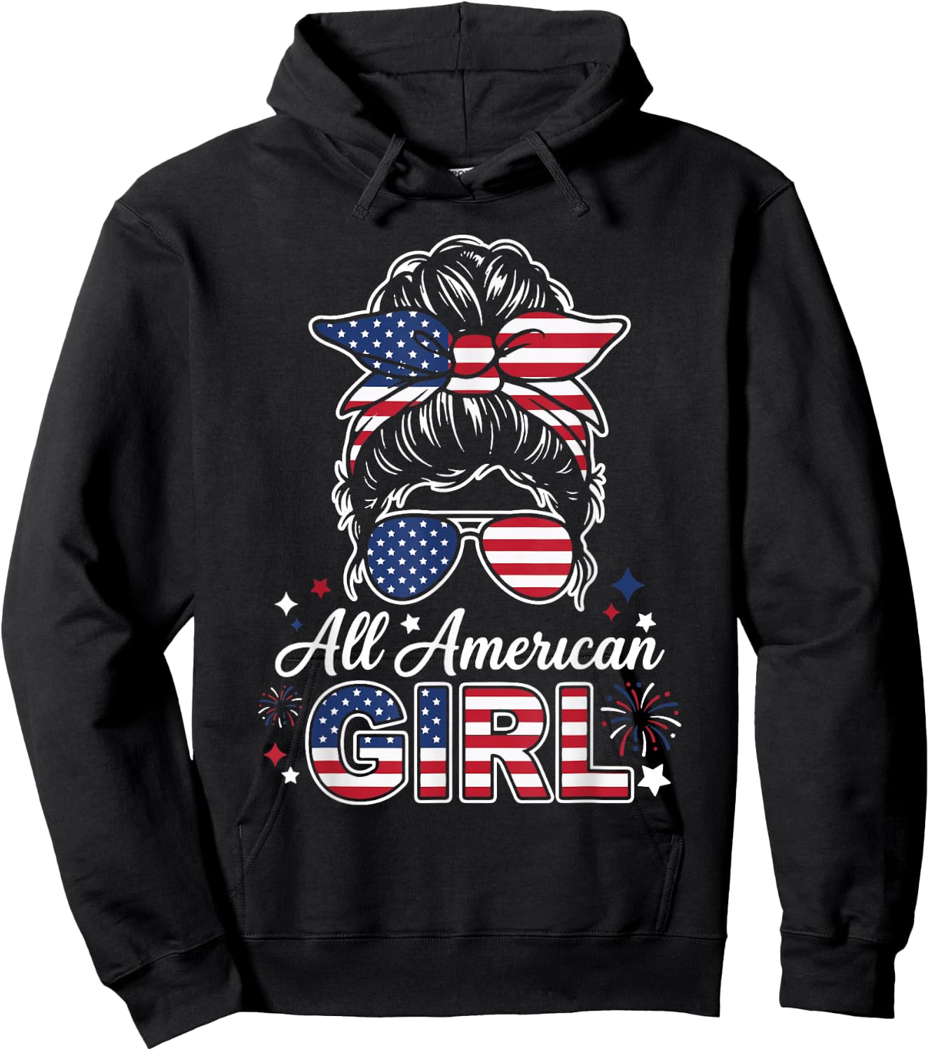 All American Girl Messy Bun USA Patriotic Style Hoodie - Hoodie | Black