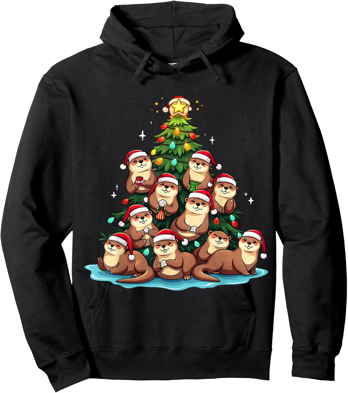 Otter Christmas Tree Funny Water Weasel Holiday Hoodie - Hoodie | Black