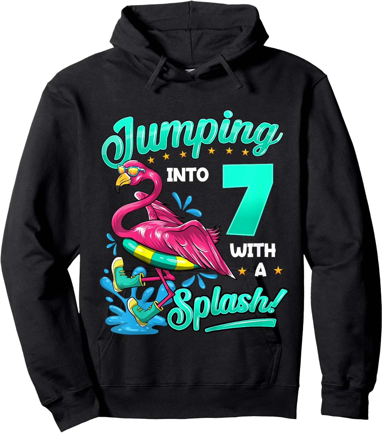 7th Birthday Flamingo Pool Party Jumping Into 7 Years Old Hoodie - Hoodie | Black