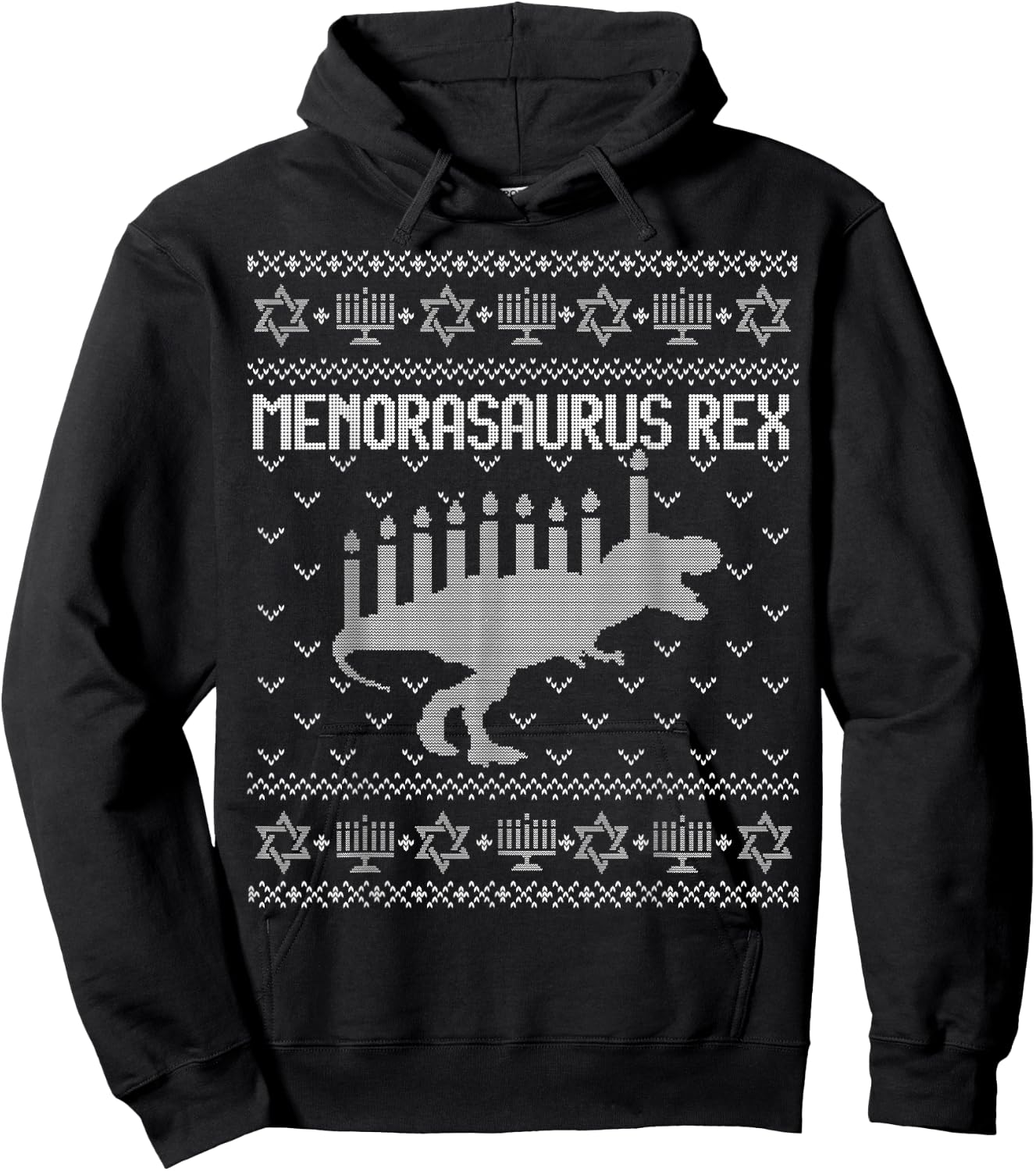 Funny Ugly Hanukkah Sweater Shirt Dinosaur Trex Menorasaurus Hoodie - Hoodie | Black