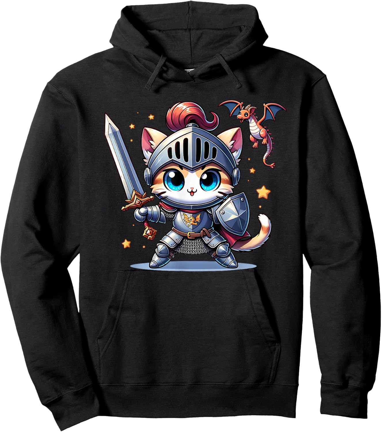 Ren Faire Medieval Knight Cat Kitten Sword Dragon Graphic Hoodie - Hoodie | Black