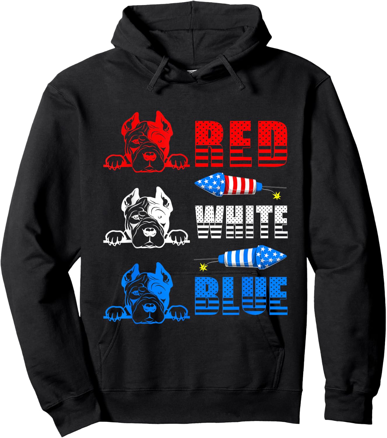 Red White Blue Three Cute Pit Bull 4th Of July American Flag Hoodie - Hoodie | Black