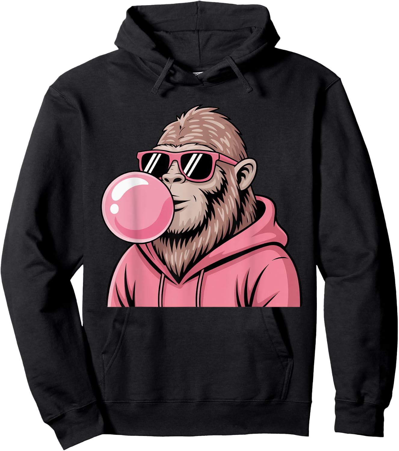 Bigfoot Sasquatch Blowing Pink Bubble Gum and Sunglasses Hoodie - Hoodie | Black