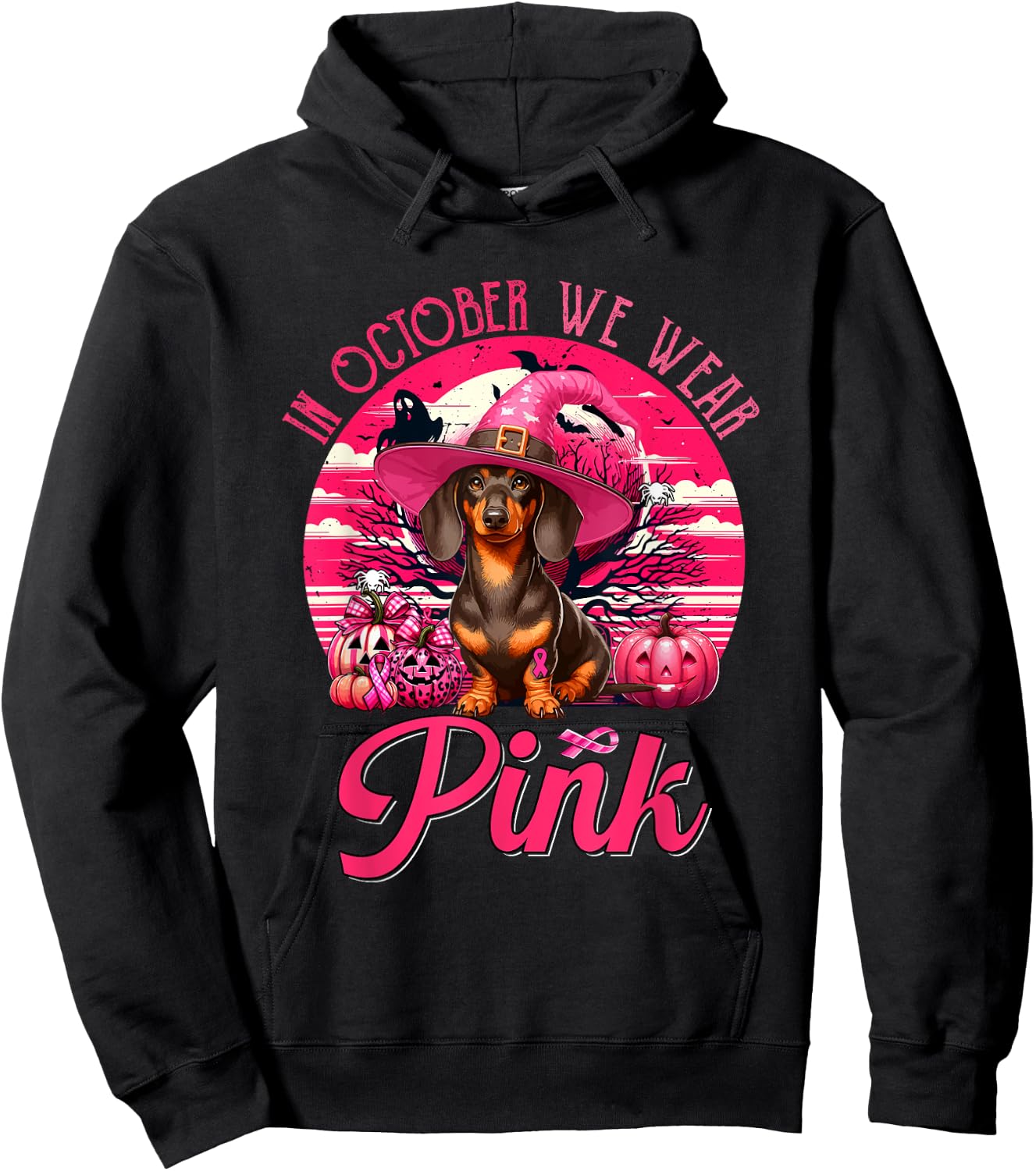 In October We Wear Pink Breast Cancer Awareness Dachshund Hoodie - Hoodie | Black