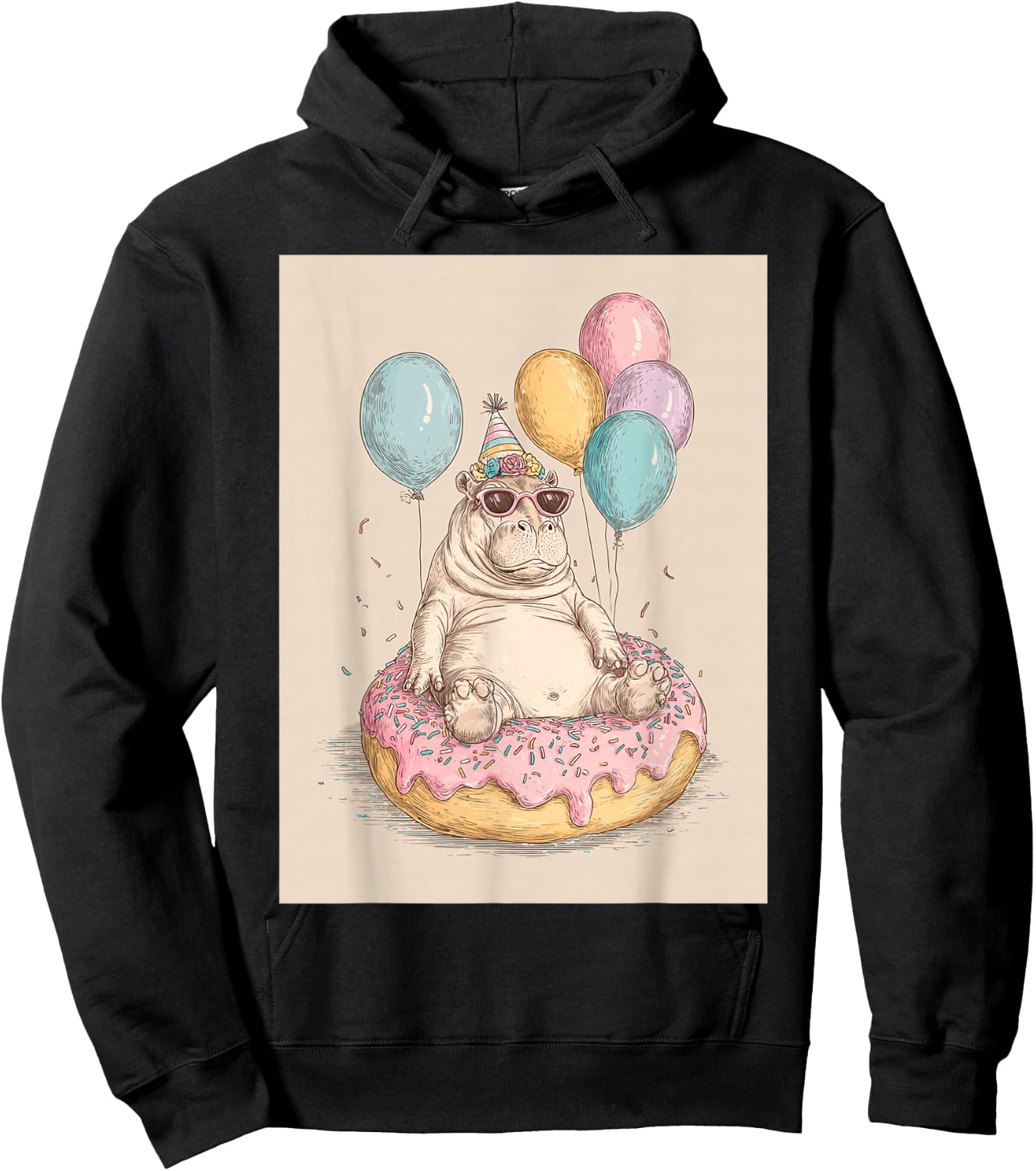 Funny Birthday Party Hippo Teen Boys Girls Hoodie - Hoodie | Black