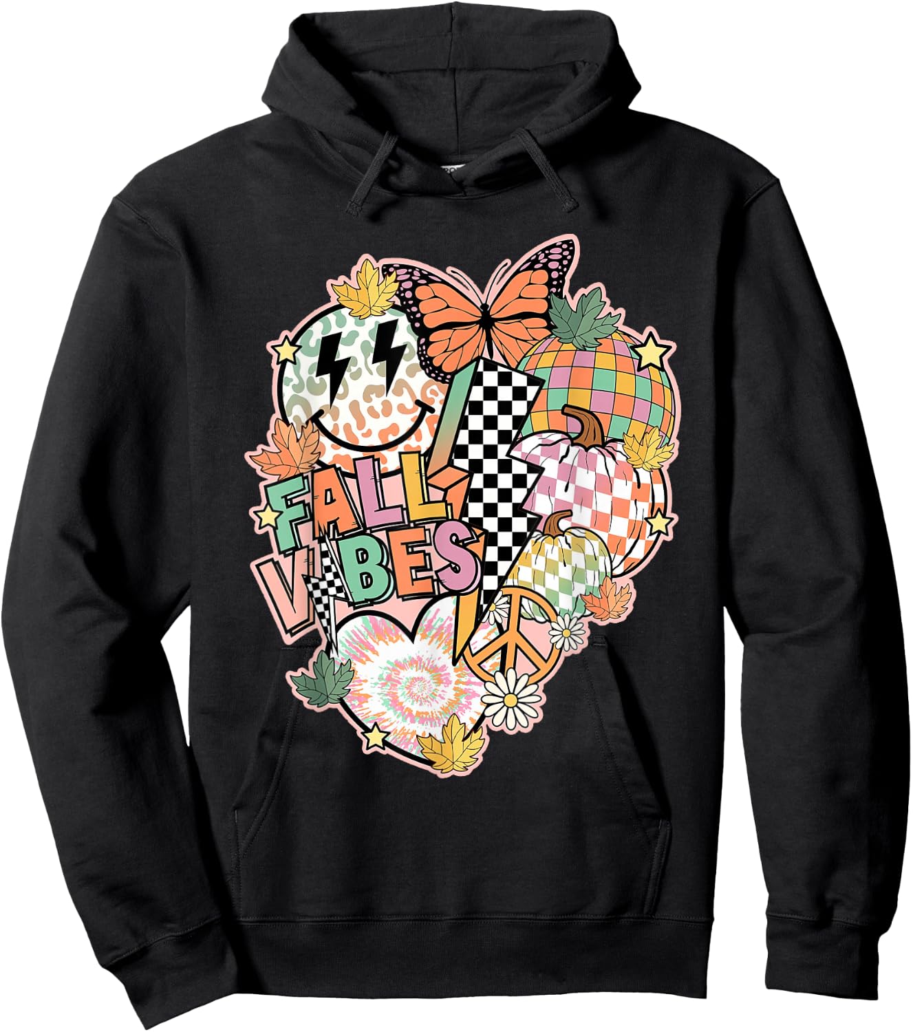 Fall Vibes Smile Face Hippie Groovy Thanksgiving Autumn Hoodie - Hoodie | Black