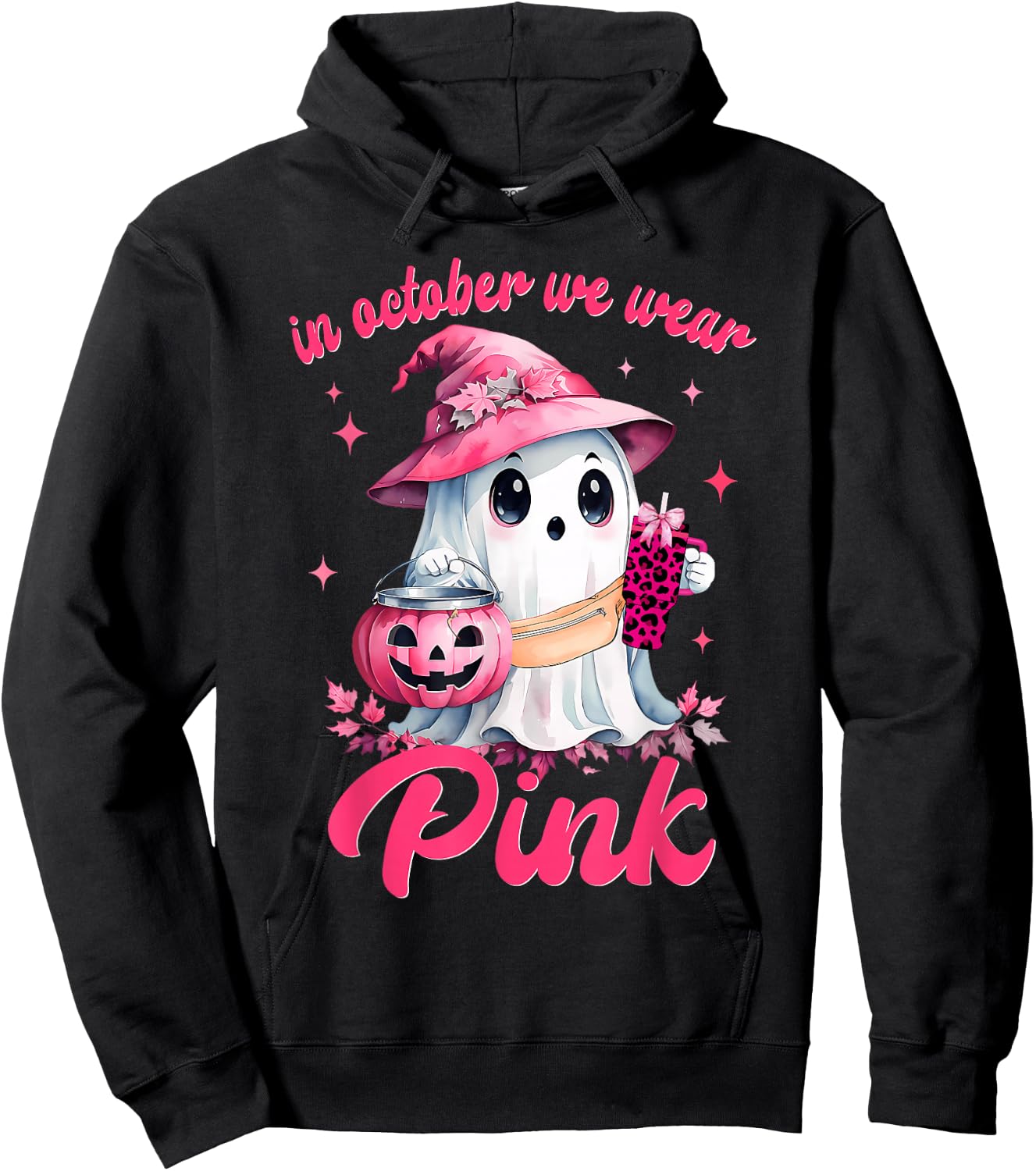 In October We Wear Pink Ghost Witch Breast Cancer Awareness Hoodie - Hoodie | Black