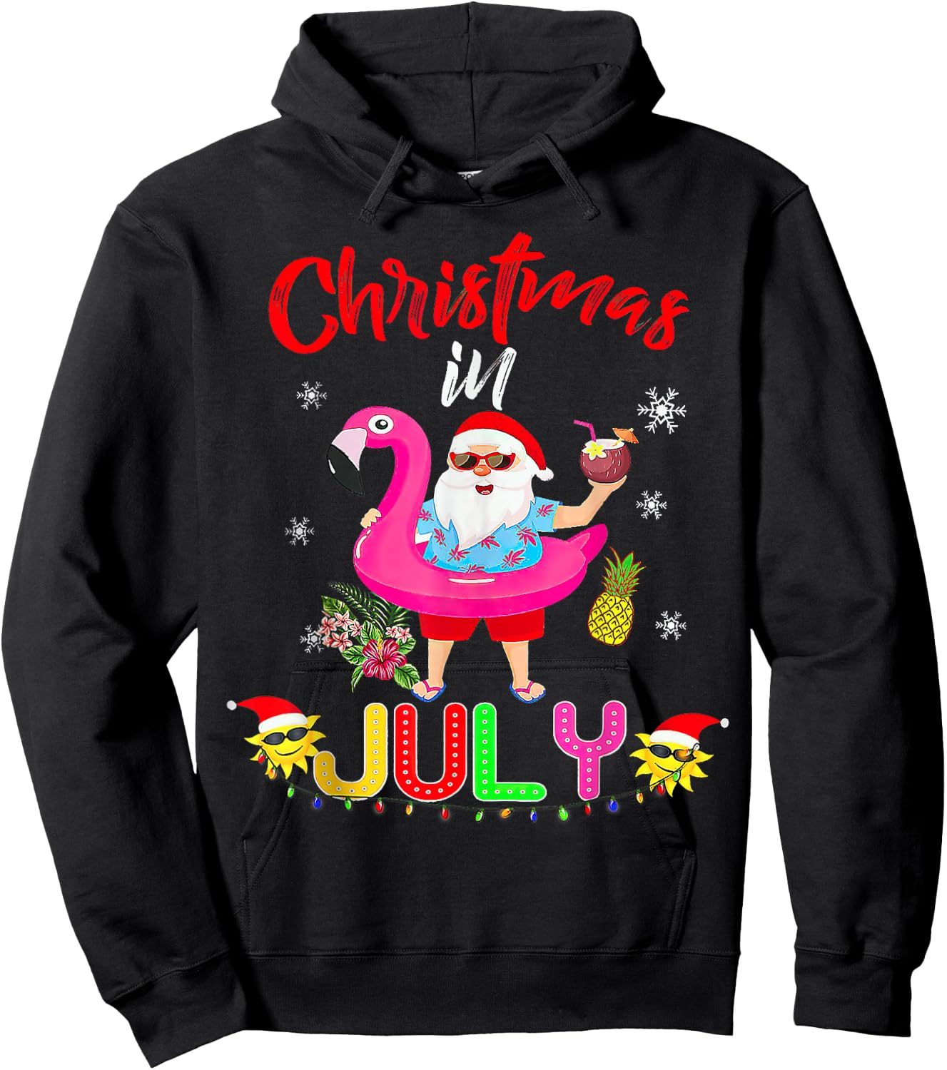 Christmas in July Santa Hawaiian flamingo Hoodie - Hoodie | Black
