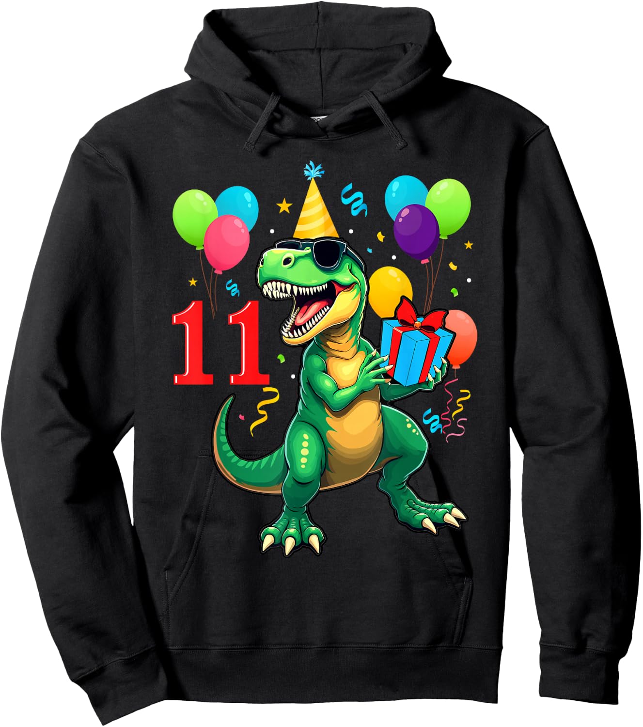 11th Birthday Shirt Boy Dinosaur Happy Bday T-rex Party Kids Hoodie - Hoodie | Black