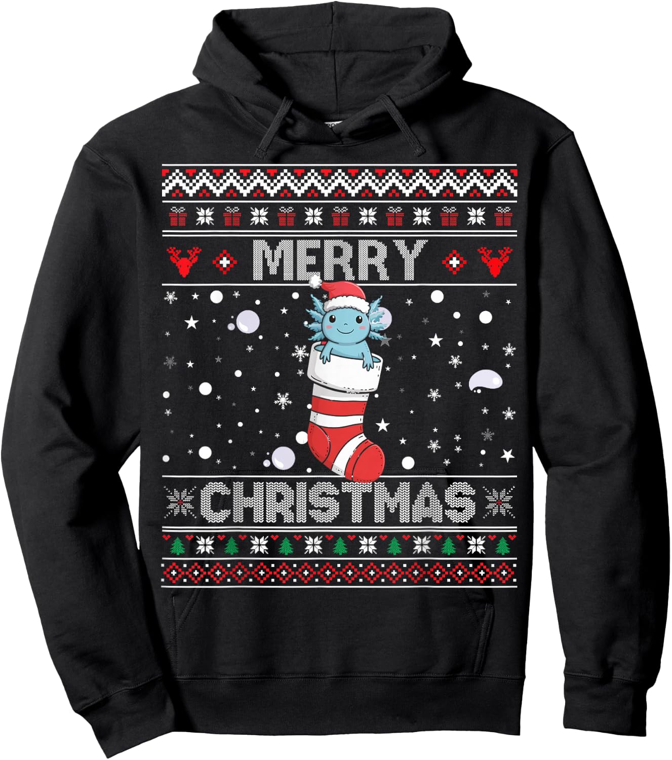 Axolotl Stocking Merry Ugly Christmas Kawaii Sweater Holiday Hoodie - Hoodie | Black