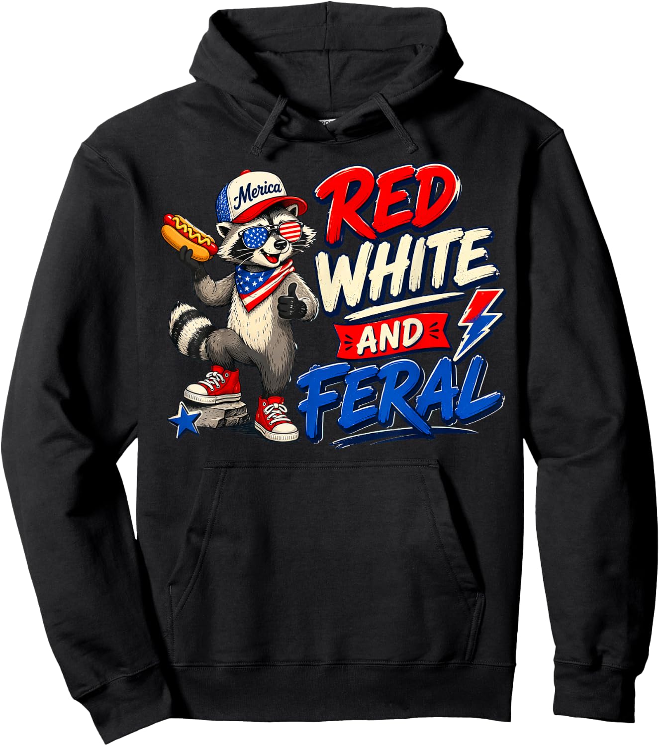 Red White and Feral Patriotic Raccoon American Flag Hoodie - Hoodie | Black
