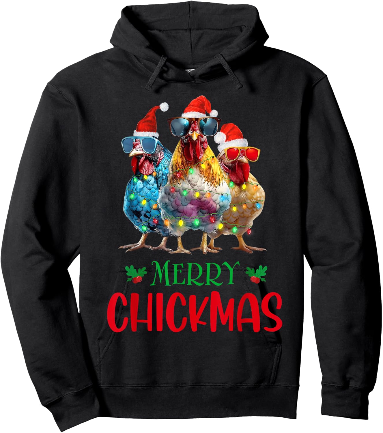 Merry Chickmas Ornament Lights Chicken Farmer Christmas Hoodie - Hoodie | Black