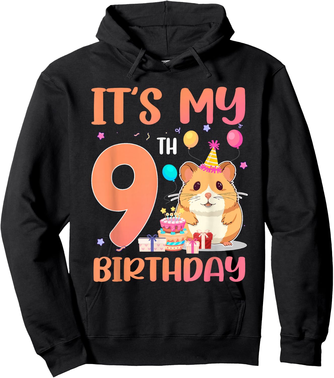 It's My 9th Birthday Cute Hamster 9 Year Old Kids Hoodie - Hoodie | Black