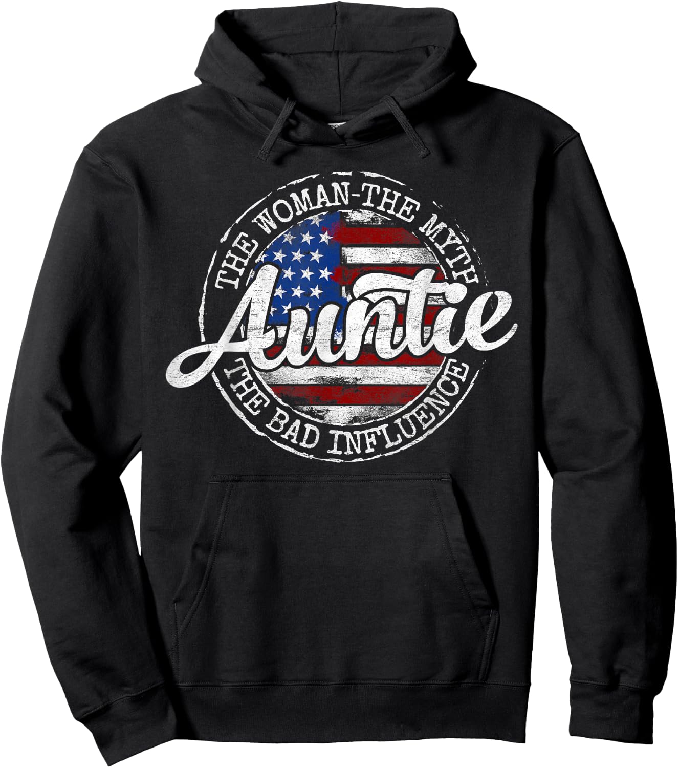 Auntie Woman Myth Bad Influence USA Flag Stamp Mothers Day Hoodie - Hoodie | Black