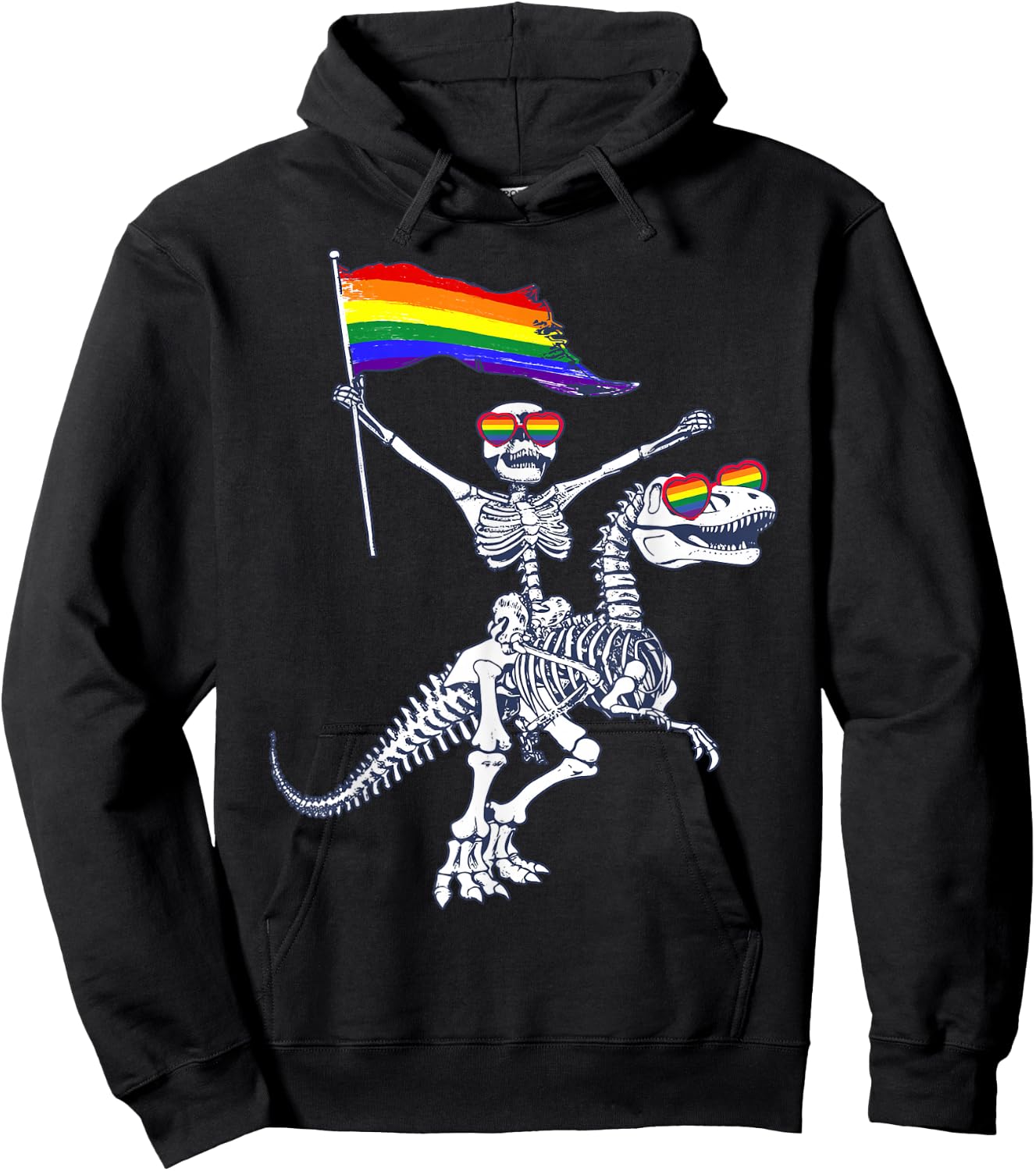 LGBT Flag Skeleton Riding T-Rex Dinosaur Gay Pride Month Hoodie - Hoodie | Black