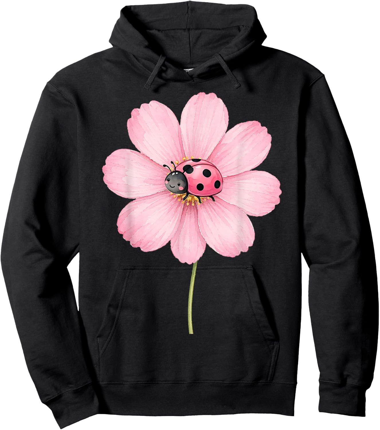 Cute Ladybug Pink Cosmos Flower Watercolor Spring Aesthetic Hoodie - Hoodie | Black