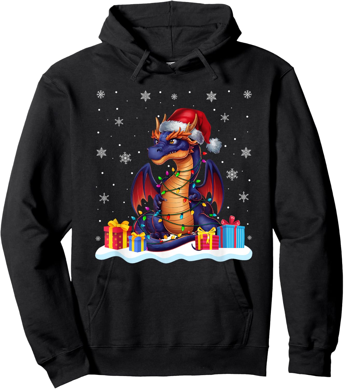 Dragon Santa Hat Christmas Tree Light Xmas Pajama Hoodie - Hoodie | Black