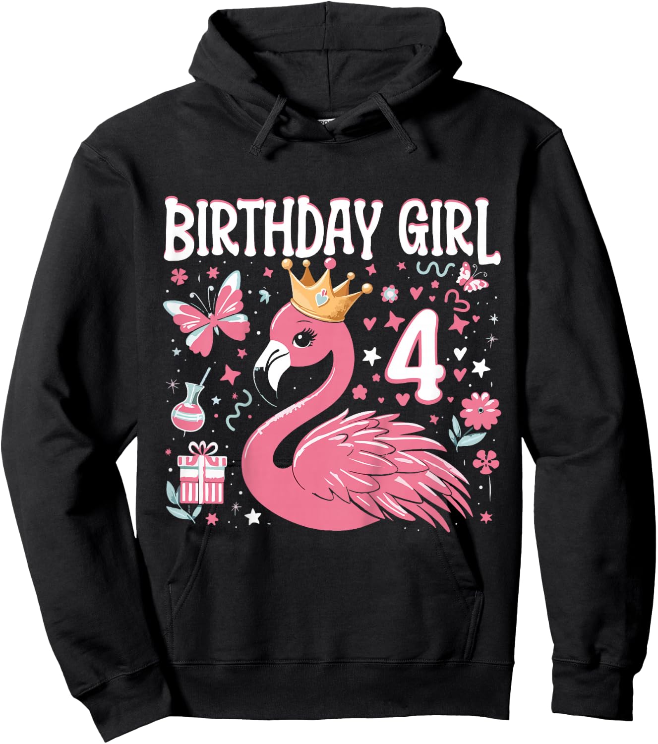 Kids 4th Birthday Gift Flamingo Fan 4 Year Old Girls 4th Bday Hoodie - Hoodie | Black