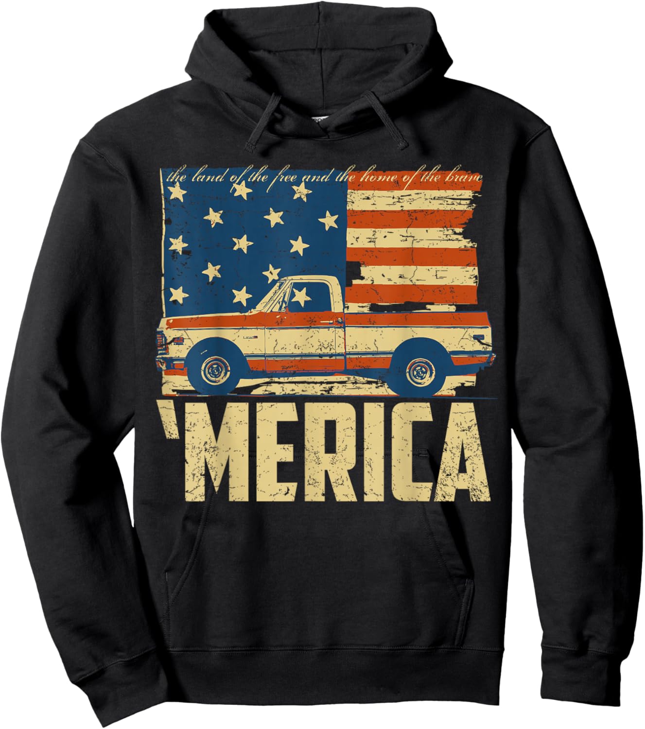 Classic Truck Design 'Merica American Flag with Pickup Truck Hoodie - Hoodie | Black