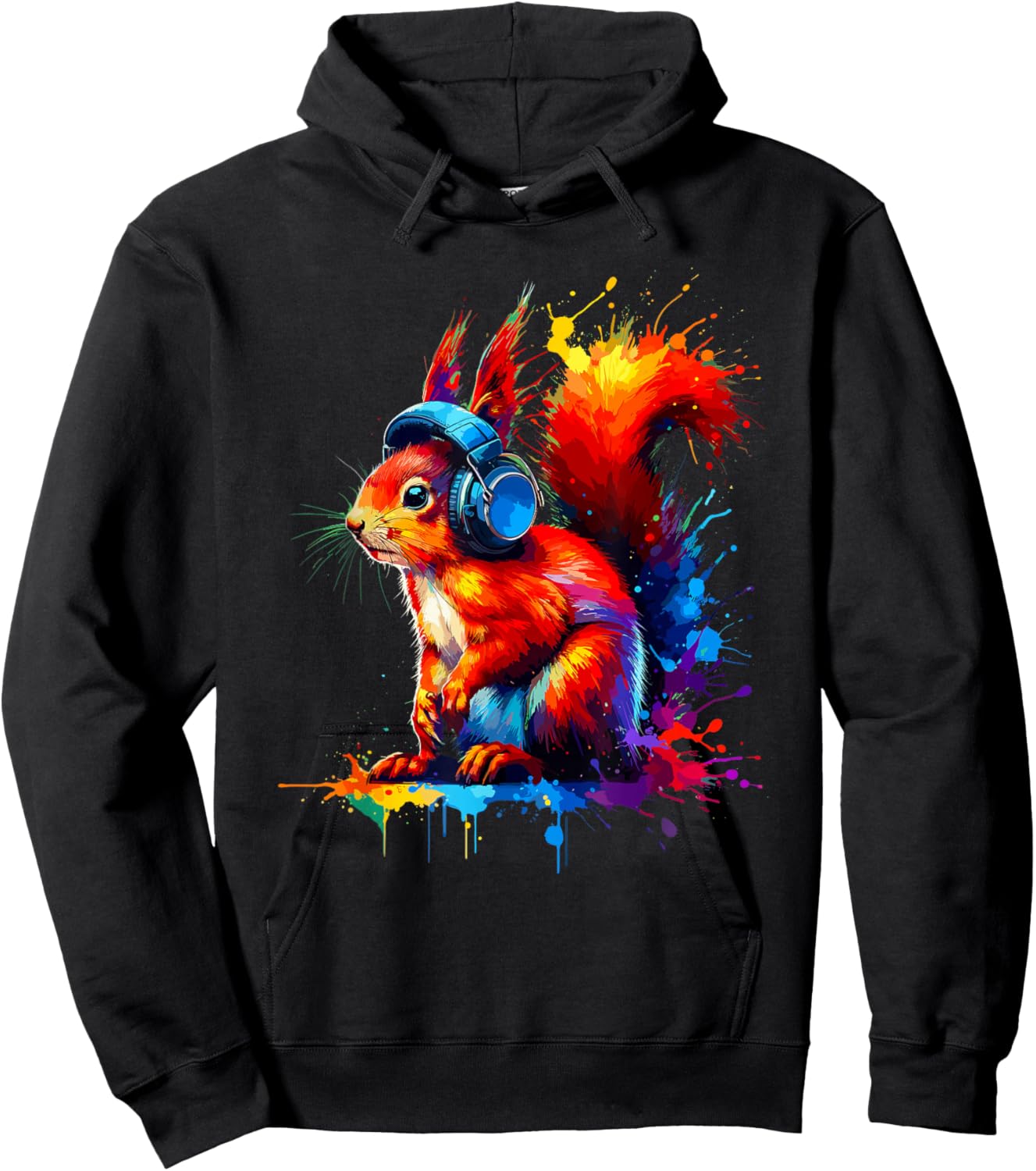 Colourful Splash Art Headphones with Red Squirrel , black Hoodie - Hoodie | Black