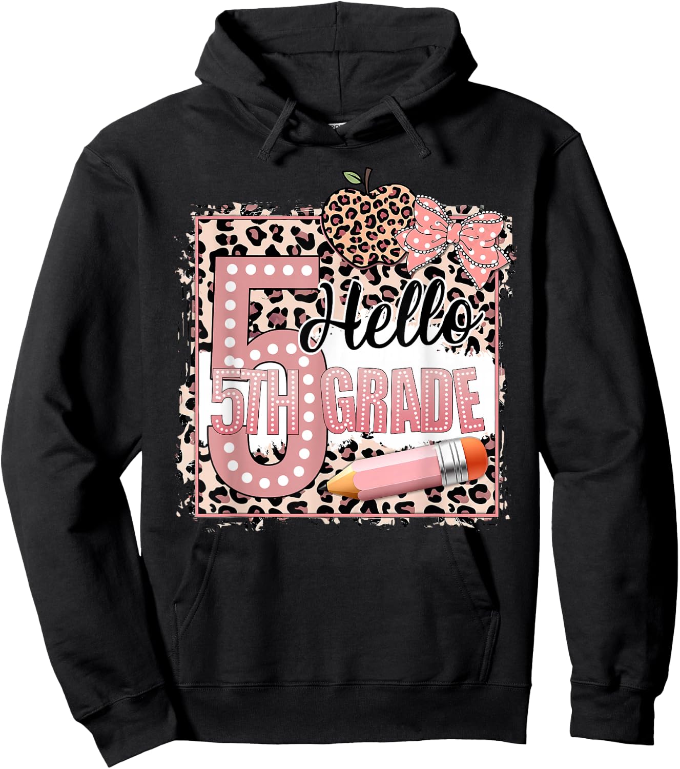 Cute Hello 5th Grade Pink Leopard Print Girls Kids Hoodie - Hoodie | Black