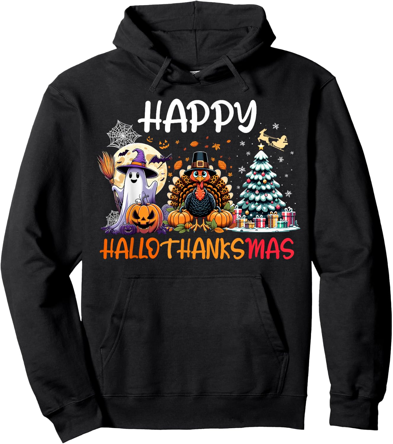 Halloween Thanksgiving Christmas Turkey Happy HalloThanksMas Hoodie - Hoodie | Black