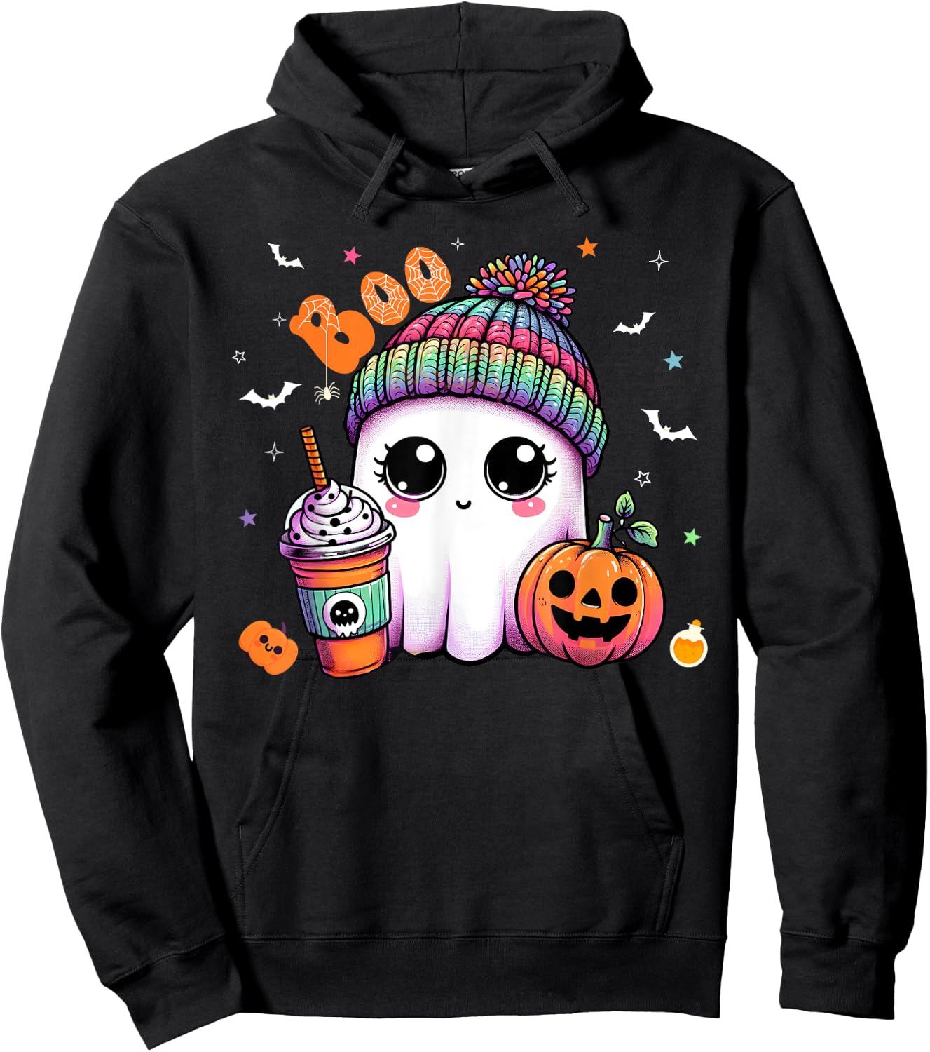 Cute Ghost Boo Drinking Pumpkin Spice Coffee Halloween Hoodie - Hoodie | Black