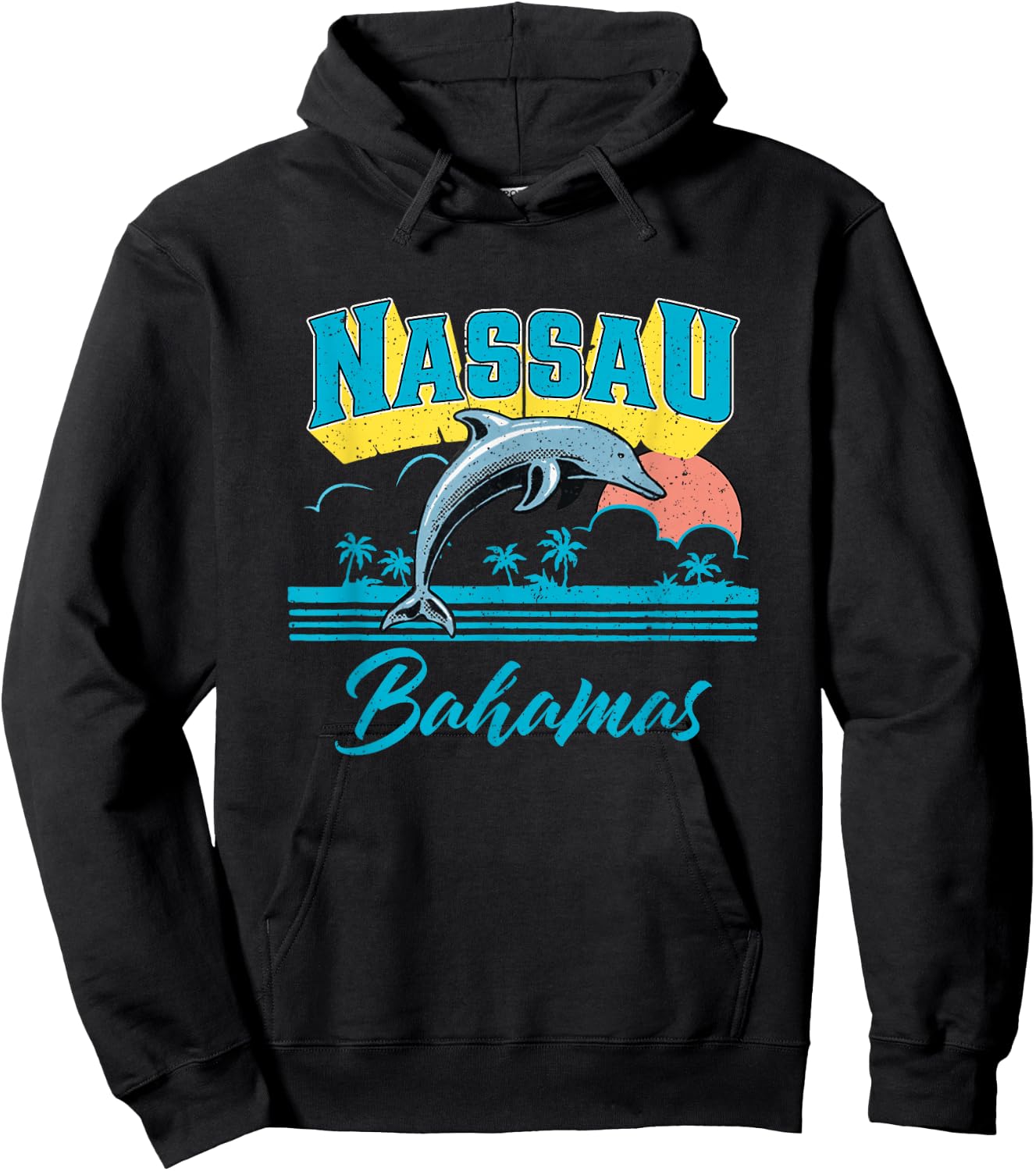 Nassau Bahamas Sunset Palm Tree Dolphin Retro Vacation Hoodie - Hoodie | Black