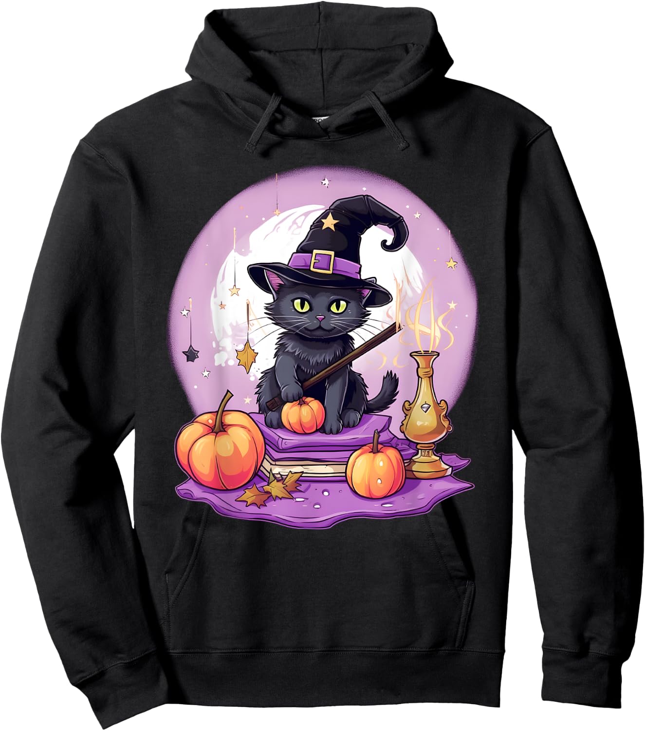 Black Cat Witch Halloween Toddler Girls Moon Hoodie - Hoodie | Black