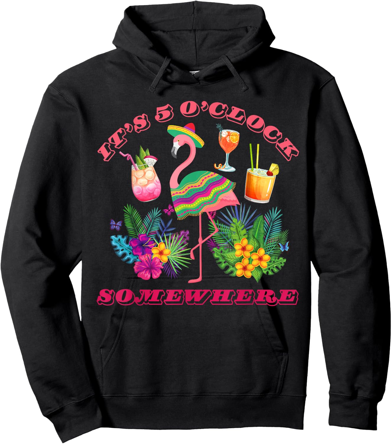 It's 5 O'clock Somewhere Parrot Sunset Drinking Summer Retro Hoodie - Hoodie | Black