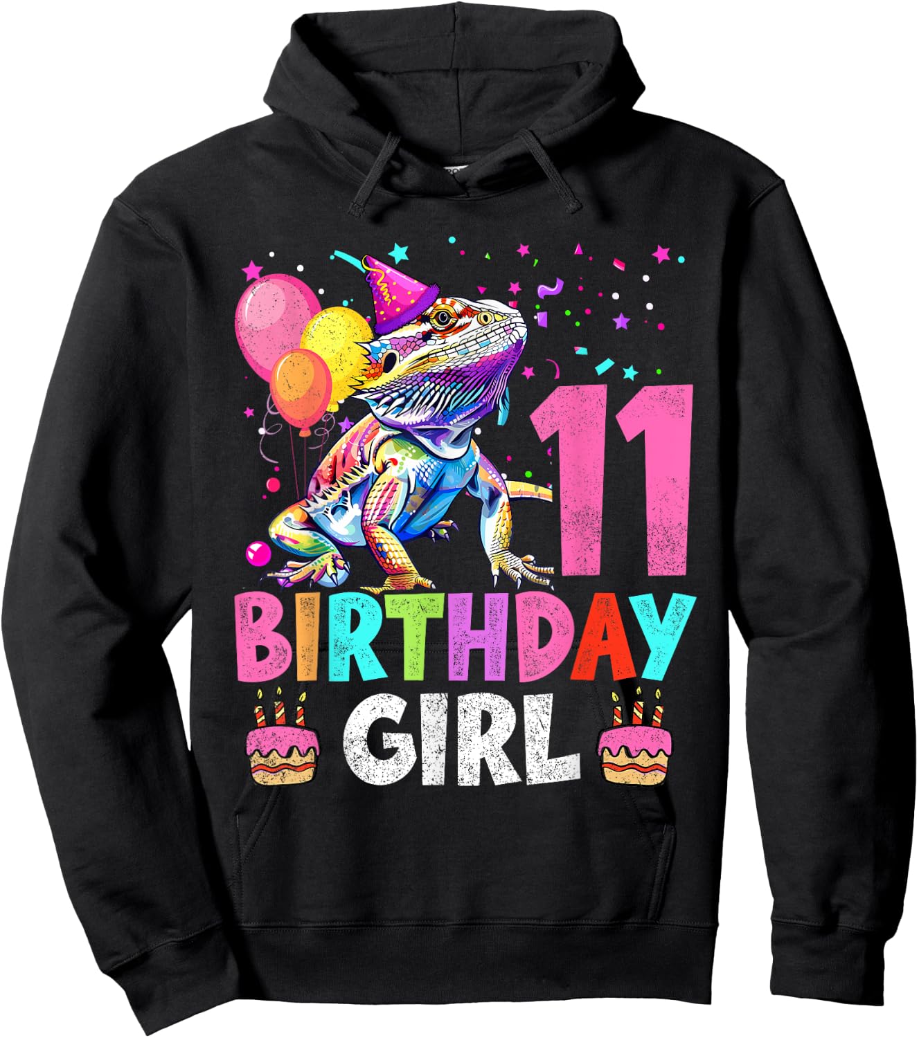 11th Birthday Girl Bearded Dragon 11 Years Old Bday Party Hoodie - Hoodie | Black