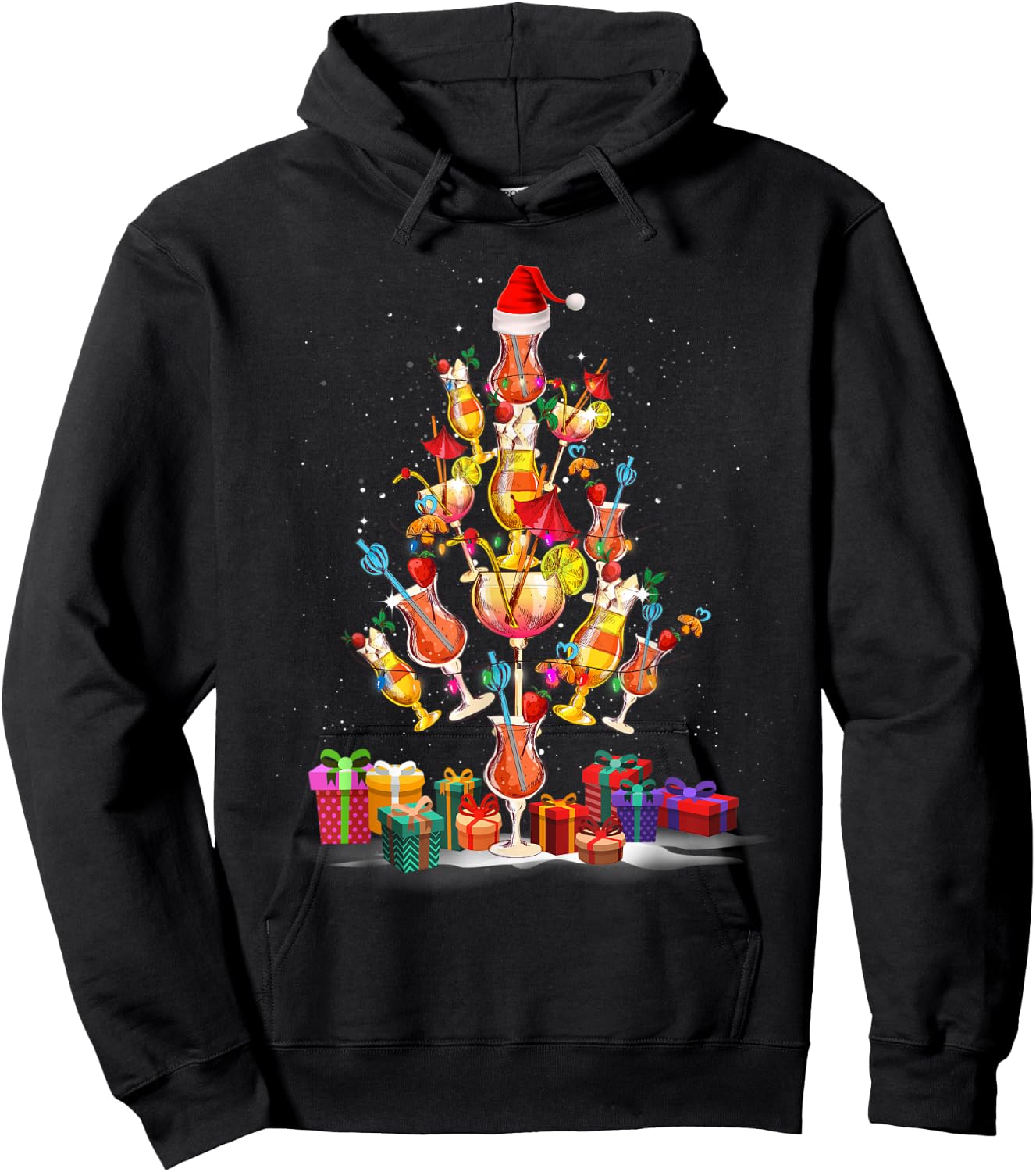 Cocktail Glasses Santa Hat Christmas Tree Drinks Xmas Pajama Hoodie - Hoodie | Black