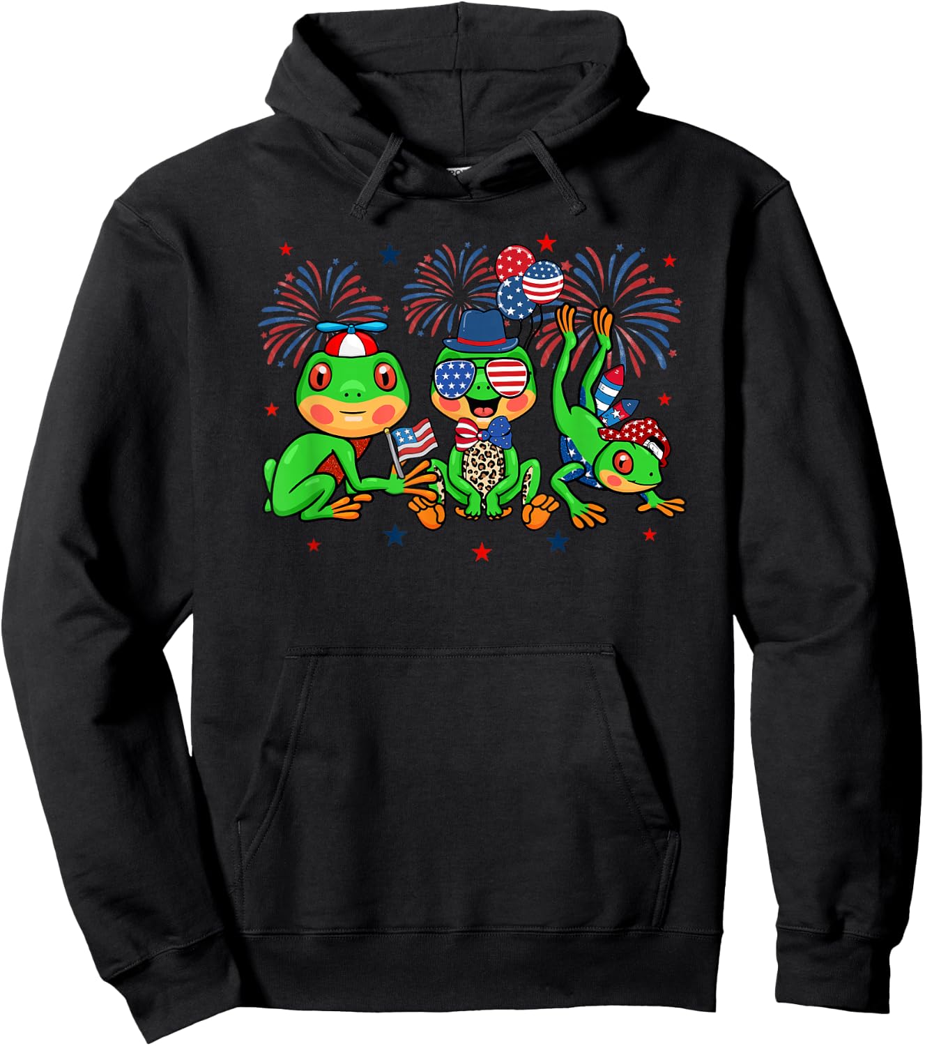 Funny Frog American Flag Leopard Fireworks 4th Of July Hoodie - Hoodie | Black