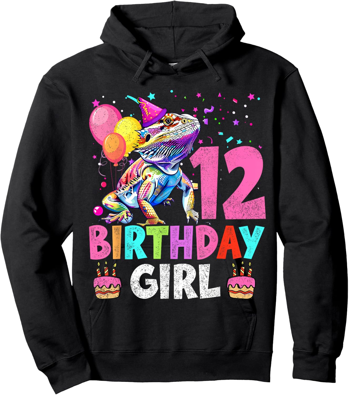 12th Birthday Girl Bearded Dragon 12 Years Old Bday Party Hoodie - Hoodie | Black