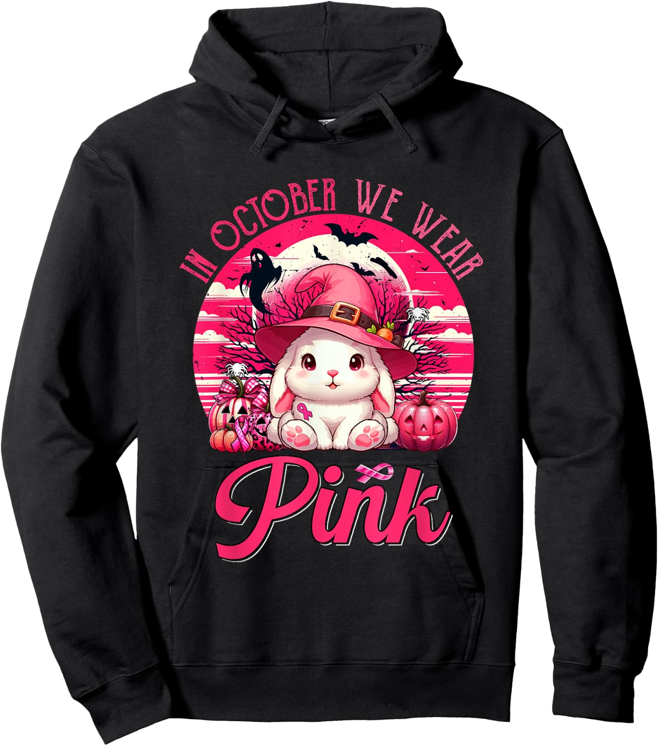 In October We Wear Pink Breast Cancer Awareness Bunny Hoodie - Hoodie | Black