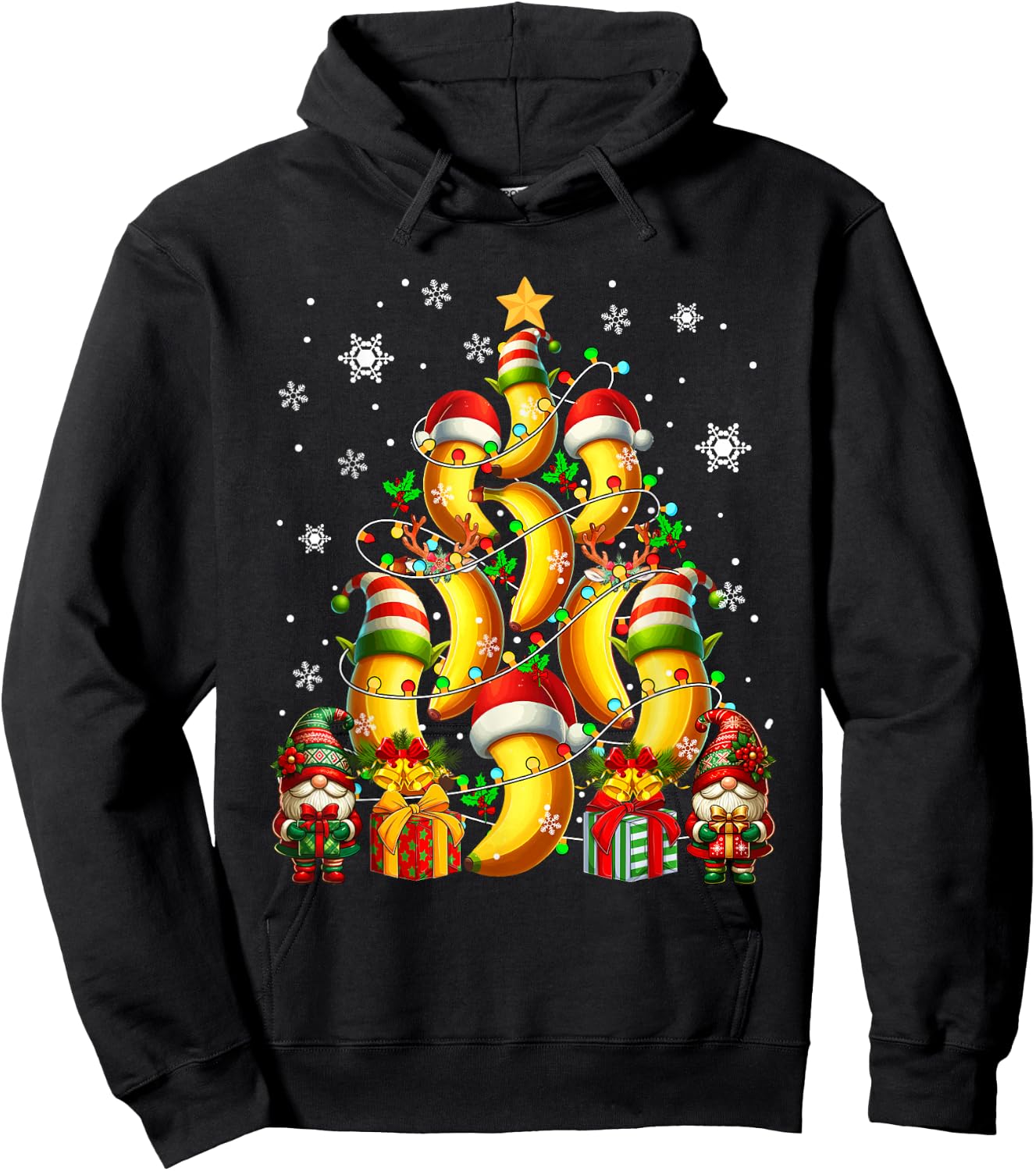 Santa Reindeer Elf Banana As Christmas Tree Vegan Fruits Hoodie - Hoodie | Black