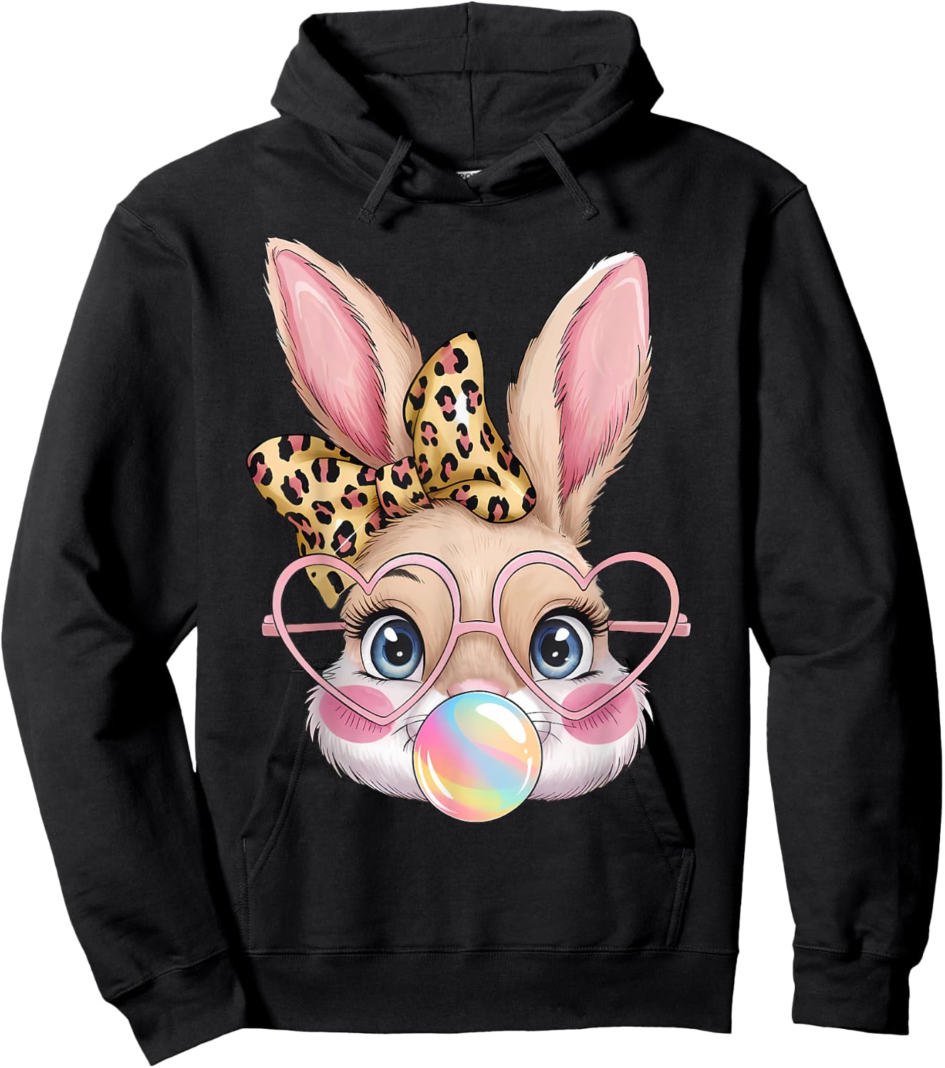 Cute Bunny Rabbit Face Leopard Bow Girls Happy Easter Day Hoodie - Hoodie | Black
