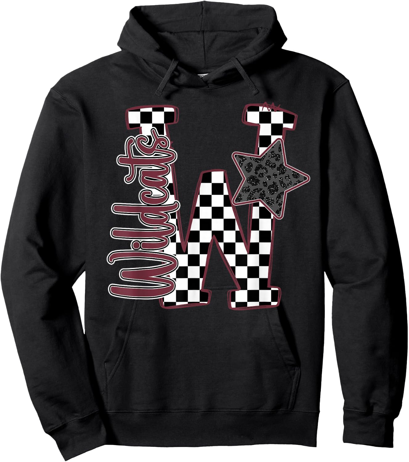 Maroon Wildcats Checkered Print Star Leopard School Spirit Hoodie - Hoodie | Black