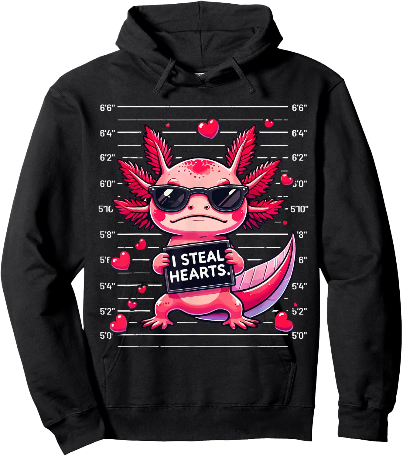 Cute Axolotl I Steal Hearts Mugshot Funny Valentine Quote Hoodie - Hoodie | Black