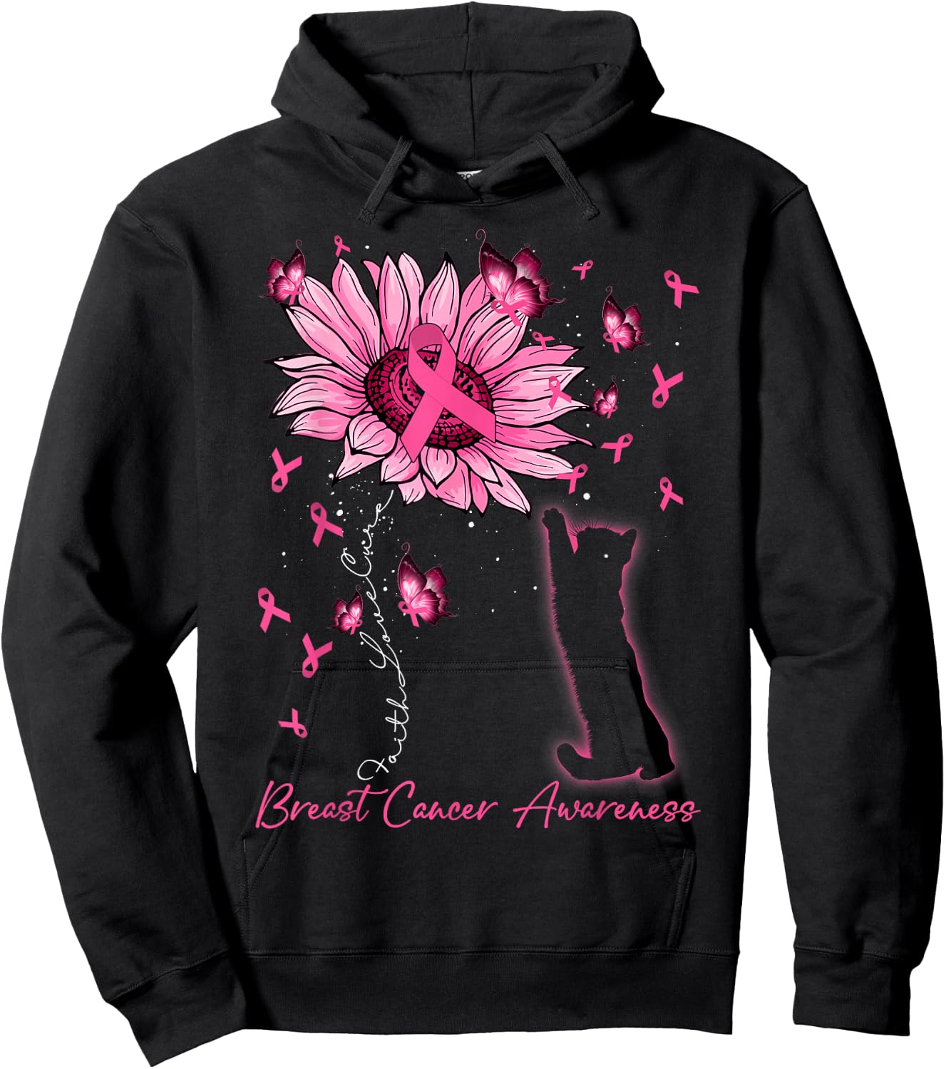Faith Love Cure Breast Cancer Black Cat & Sunflower Women Hoodie - Hoodie | Black
