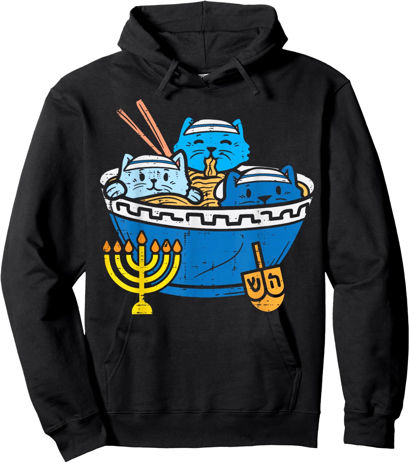 Jewish Cats Ramen Kitten Anime Hanukkah Pajamas Chanukah PJs Hoodie - Hoodie | Black