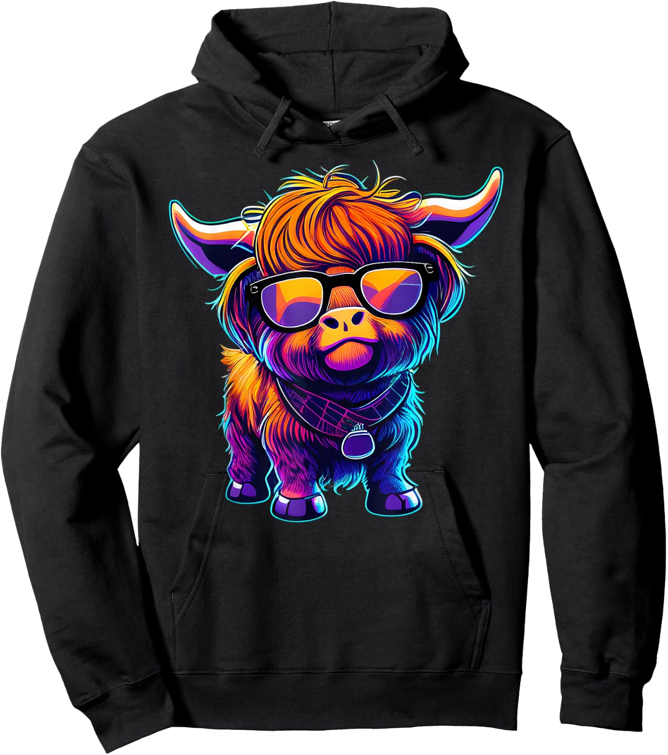 Retro 80's Cute Highland Cow Colorful Highland Cow Graphic Hoodie - Hoodie | Black
