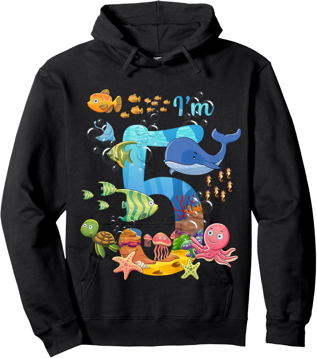 Kids 5 Years Old Whale Fish Ocean Theme 5th Birthday Boy Girl , black Hoodie - Hoodie | Black