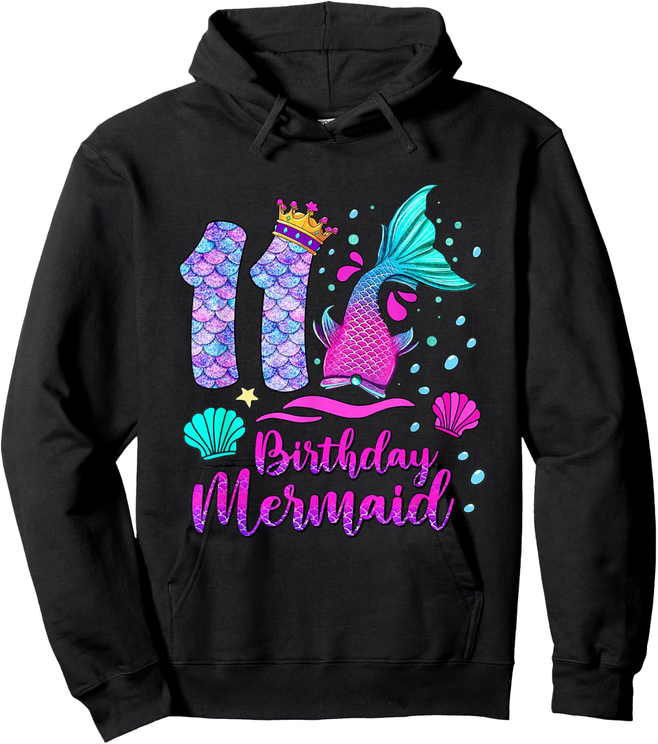 11 Birthday Mermaid Kids Girls 11th Birthday 11 Years Old Hoodie - Hoodie | Black