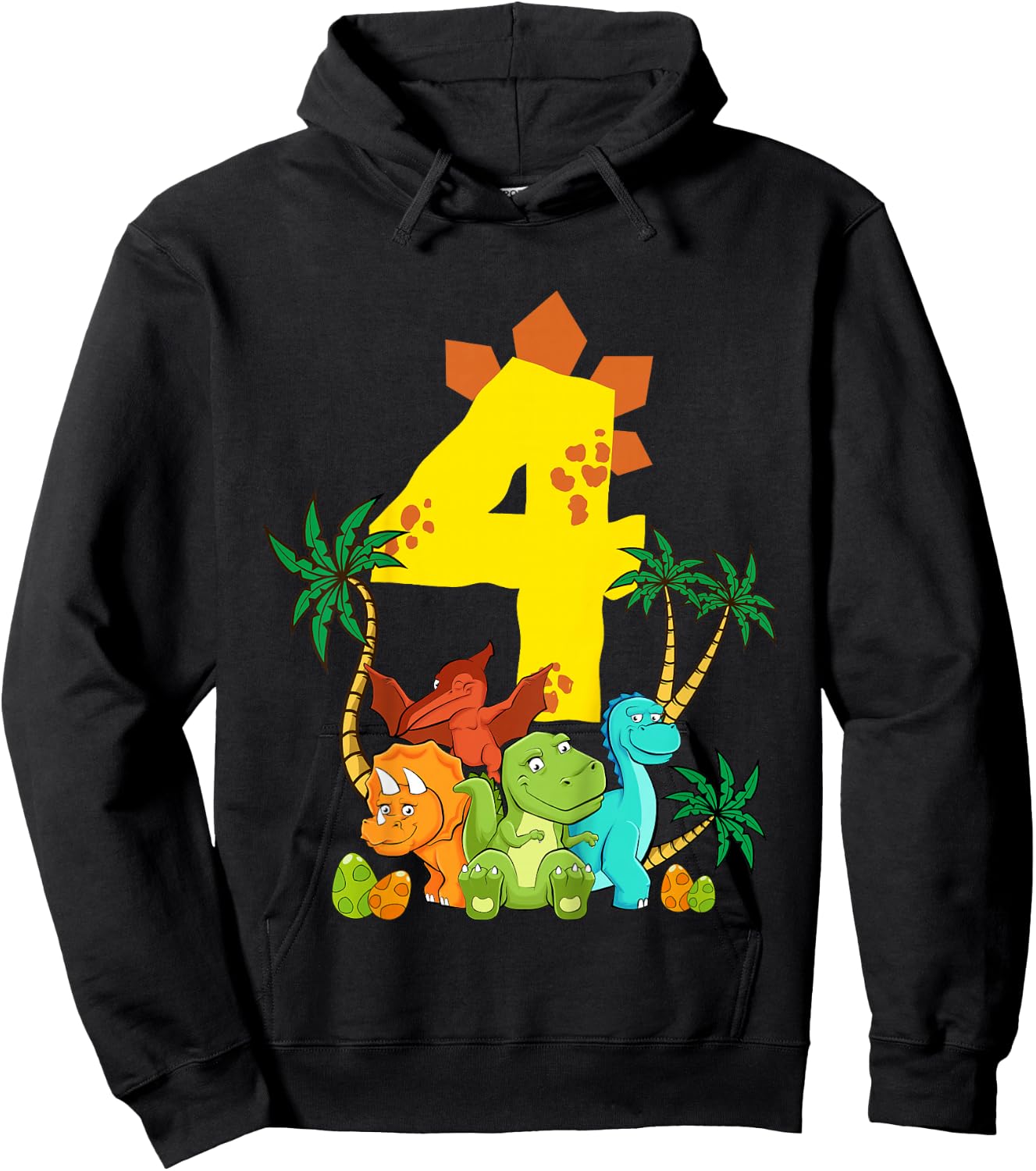 Children's 4 Years Birthday Boy Dinosaur Party Dino I Am 4 , black Hoodie - Hoodie | Black